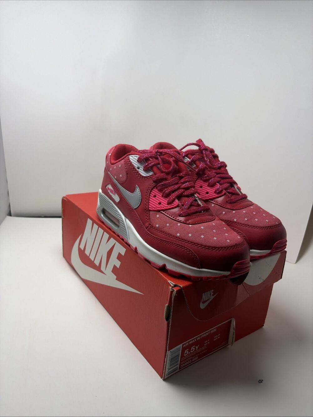 Nike Air Max 90 Print GS Girls Size Women7 Girls 5.5 Y Shoes Red Pink 704953-602